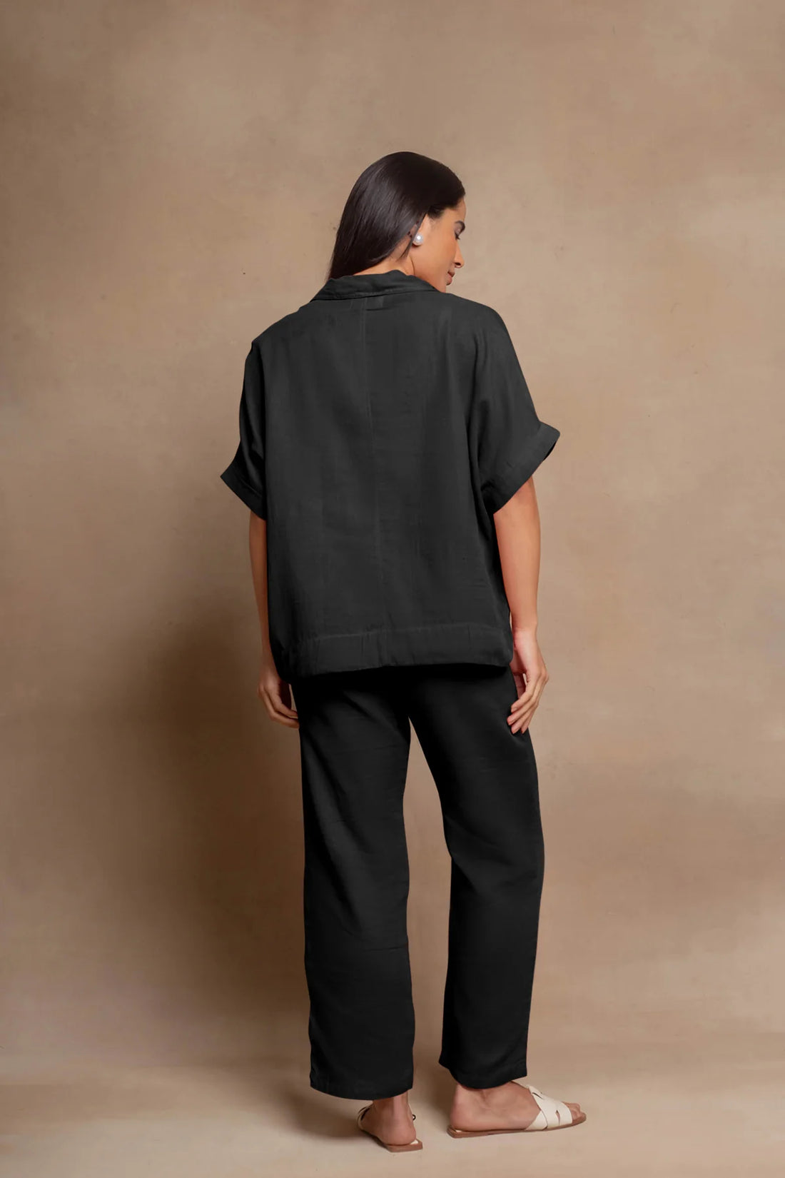 Women's Olive Black Cotton Co-ord Set | Relaxed Fit Shirt & Straight Pants