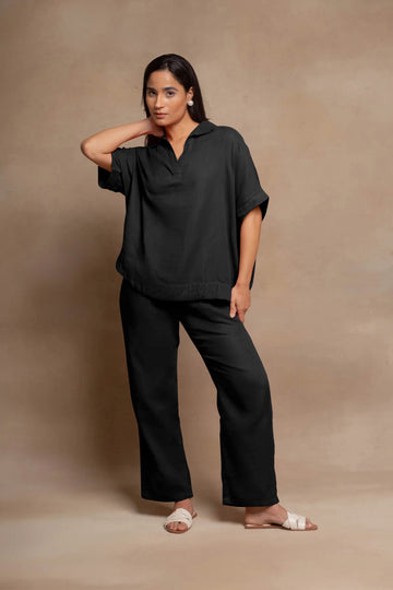 Women's Olive Black Cotton Co-ord Set | Relaxed Fit Shirt & Straight Pants