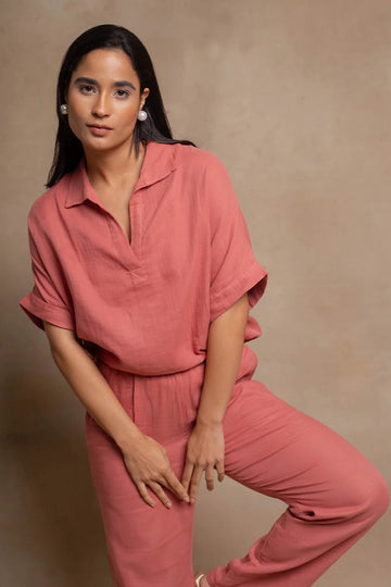 Women's Olive Black Cotton Co-ord Set | Relaxed Fit Shirt & Straight Pants