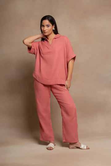 Women's Peach Cotton Co-ord Set | Relaxed Fit Shirt & Straight Pants