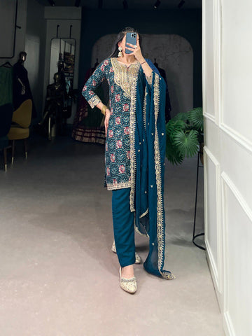 Elegant Teal Blue Bandhani Embroidered Kurta Set with Chiffon Dupatta – Festive & Wedding Wear for Women