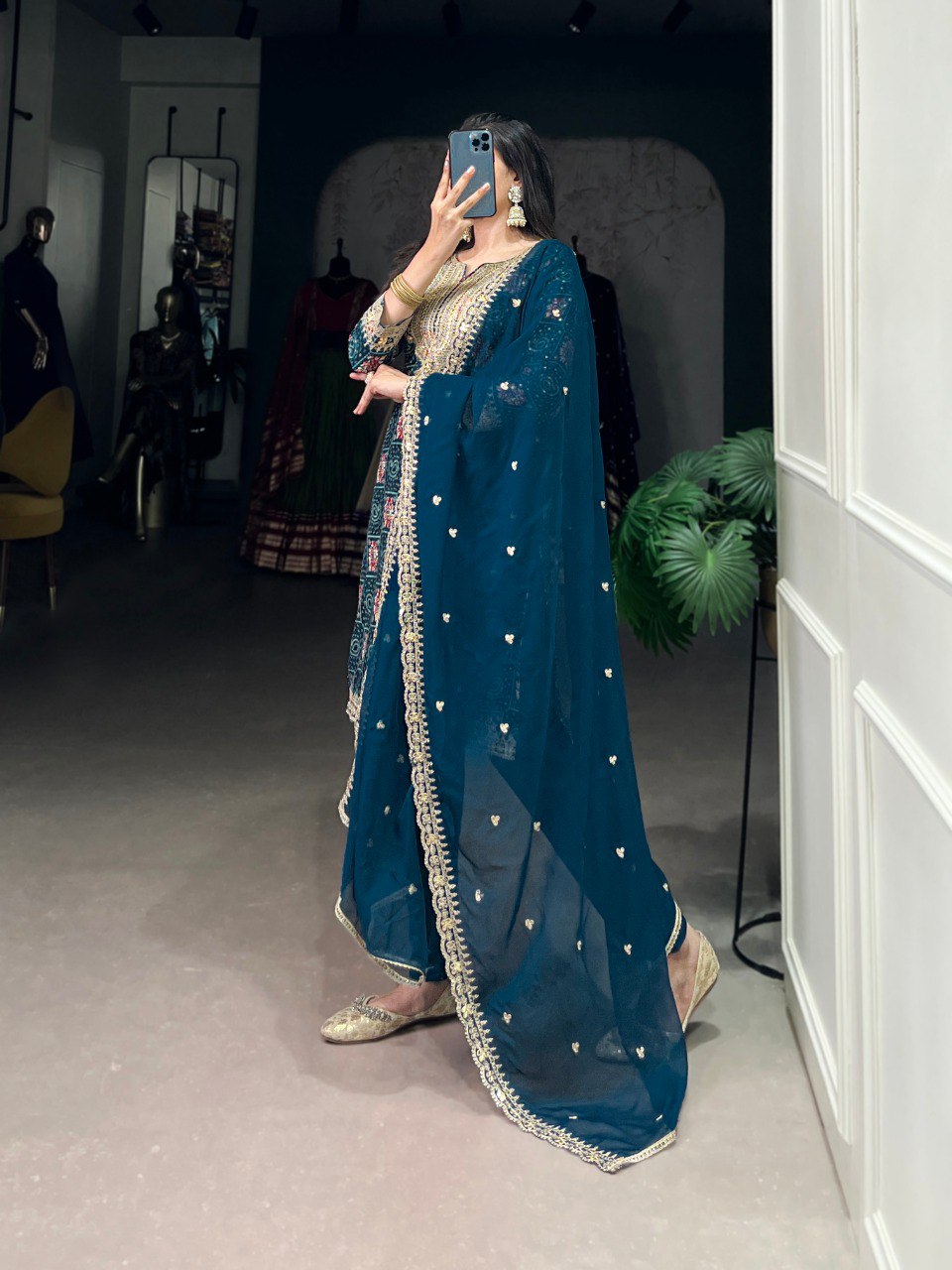Elegant Teal Blue Bandhani Embroidered Kurta Set with Chiffon Dupatta – Festive & Wedding Wear for Women