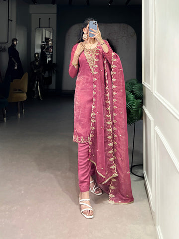 Elegant Rani Pink Chanderi Kurta Pant Set with Embroidered Dupatta – Festive & Party Wear for Women