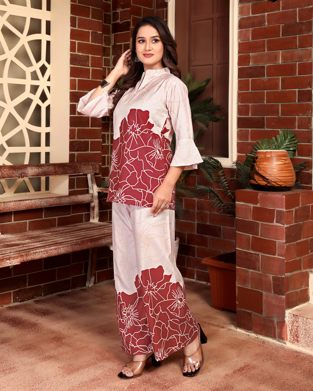 Blossom Horizon Co-ord Set Maroon For Women