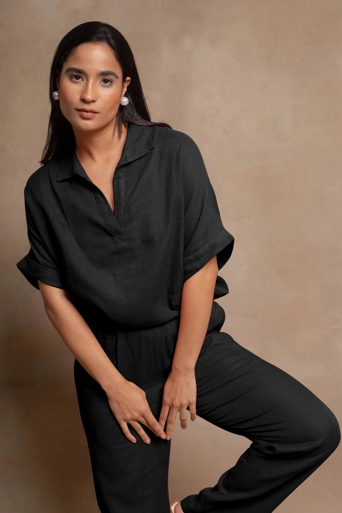 Women's Olive Black Cotton Co-ord Set | Relaxed Fit Shirt & Straight Pants