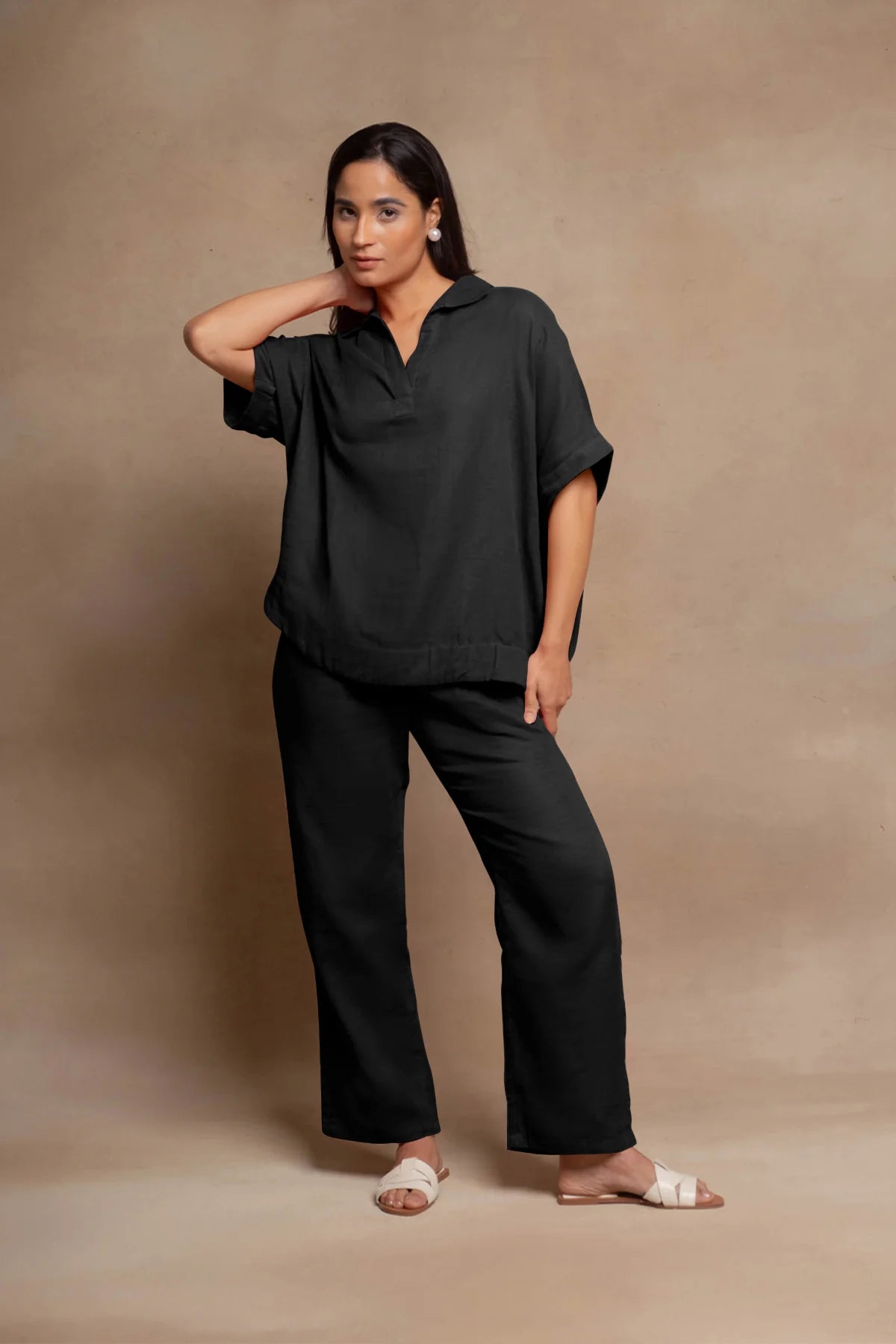 Women's Olive Black Cotton Co-ord Set | Relaxed Fit Shirt & Straight Pants