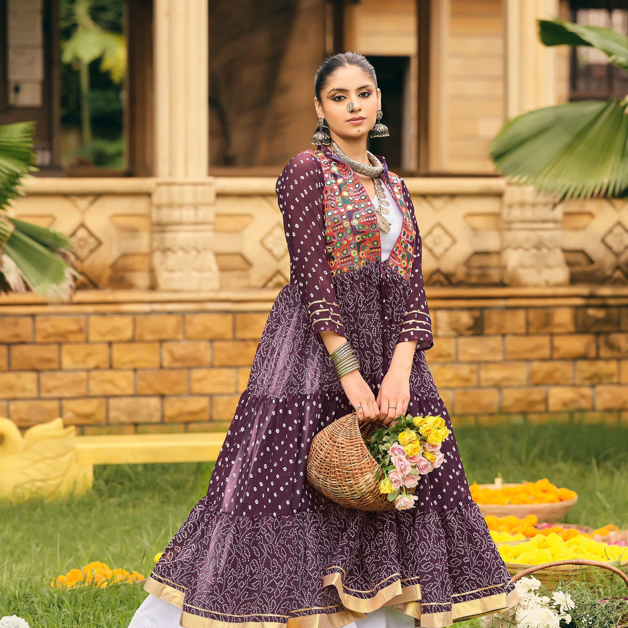 Women's Ethnic Purple Bandhani Anarkali with Embroidered Mirror Work Jacket & White Lehenga
