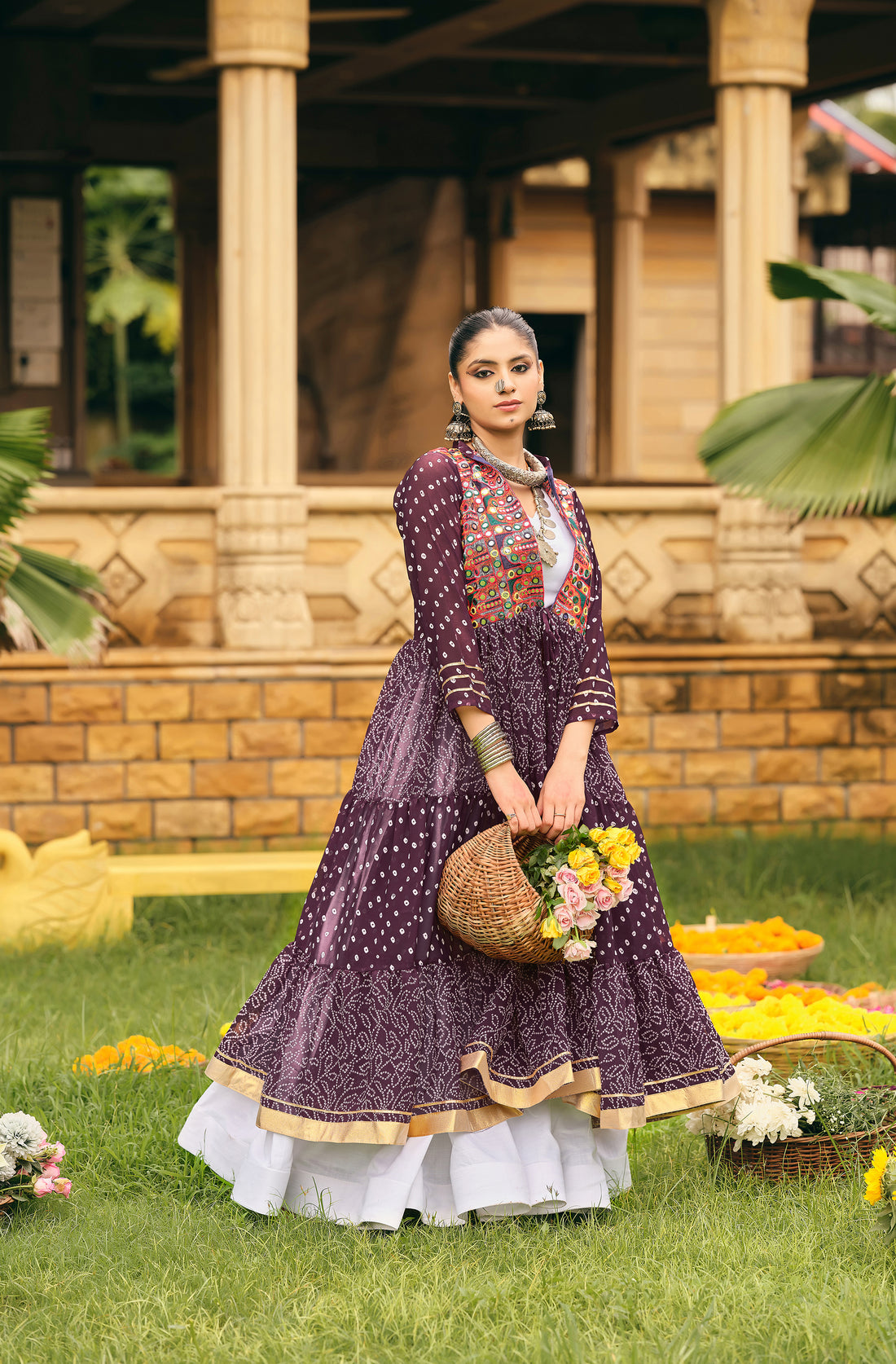 Women's Ethnic Bandhani Anarkali with Embroidered Mirror Work Jacket & White Lehenga
