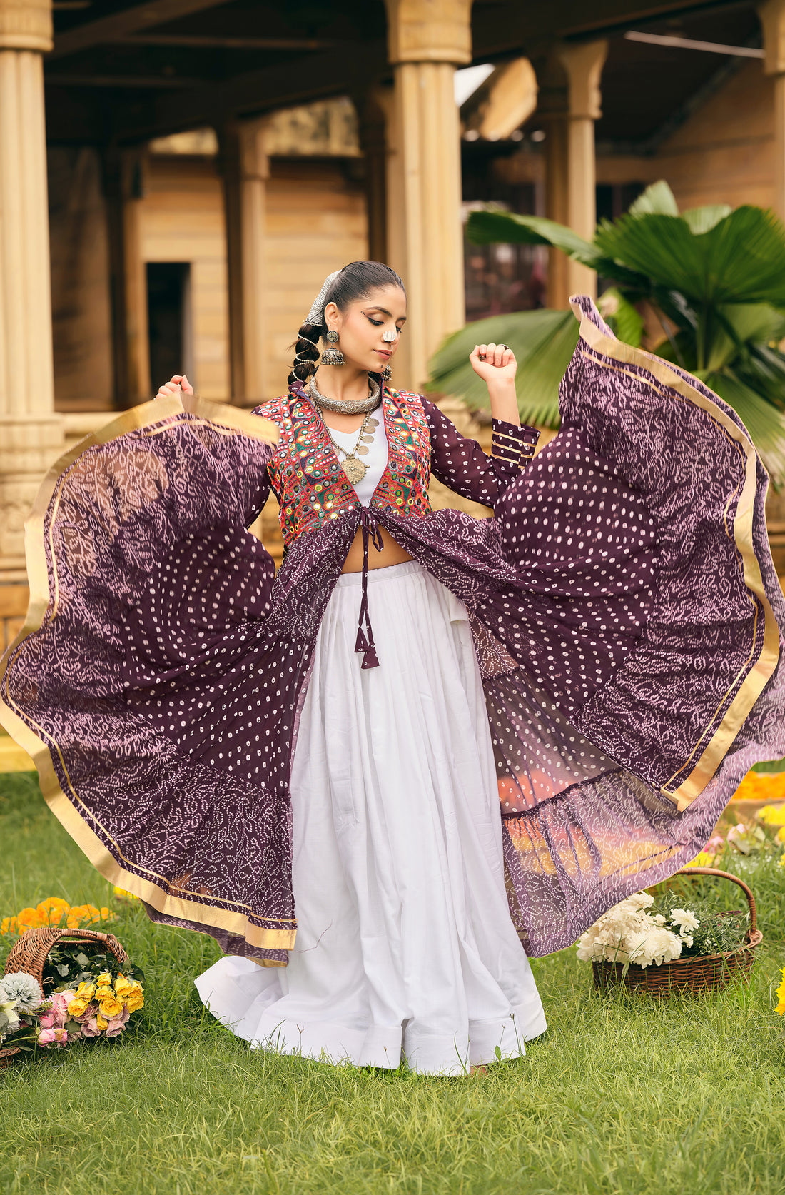 Women's Ethnic Purple Bandhani Anarkali with Embroidered Mirror Work Jacket & White Lehenga