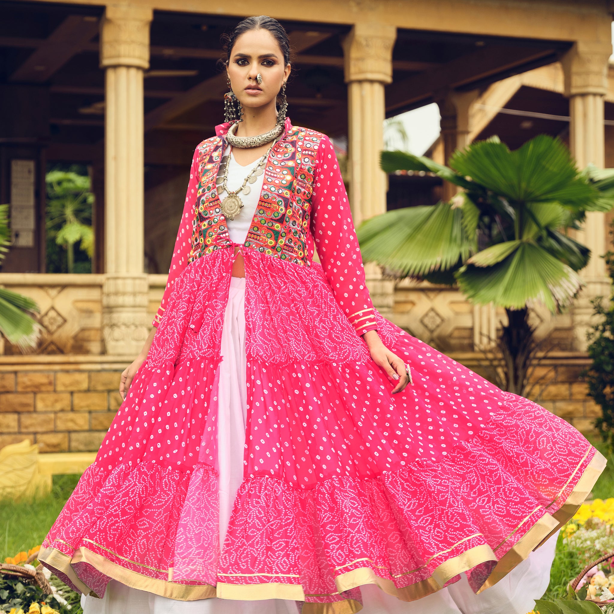 Women's Ethnic Pink Bandhani Anarkali with Embroidered Mirror Work Jacket & White Lehenga