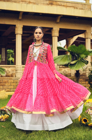Women's Ethnic Pink Bandhani Anarkali with Embroidered Mirror Work Jacket & White Lehenga