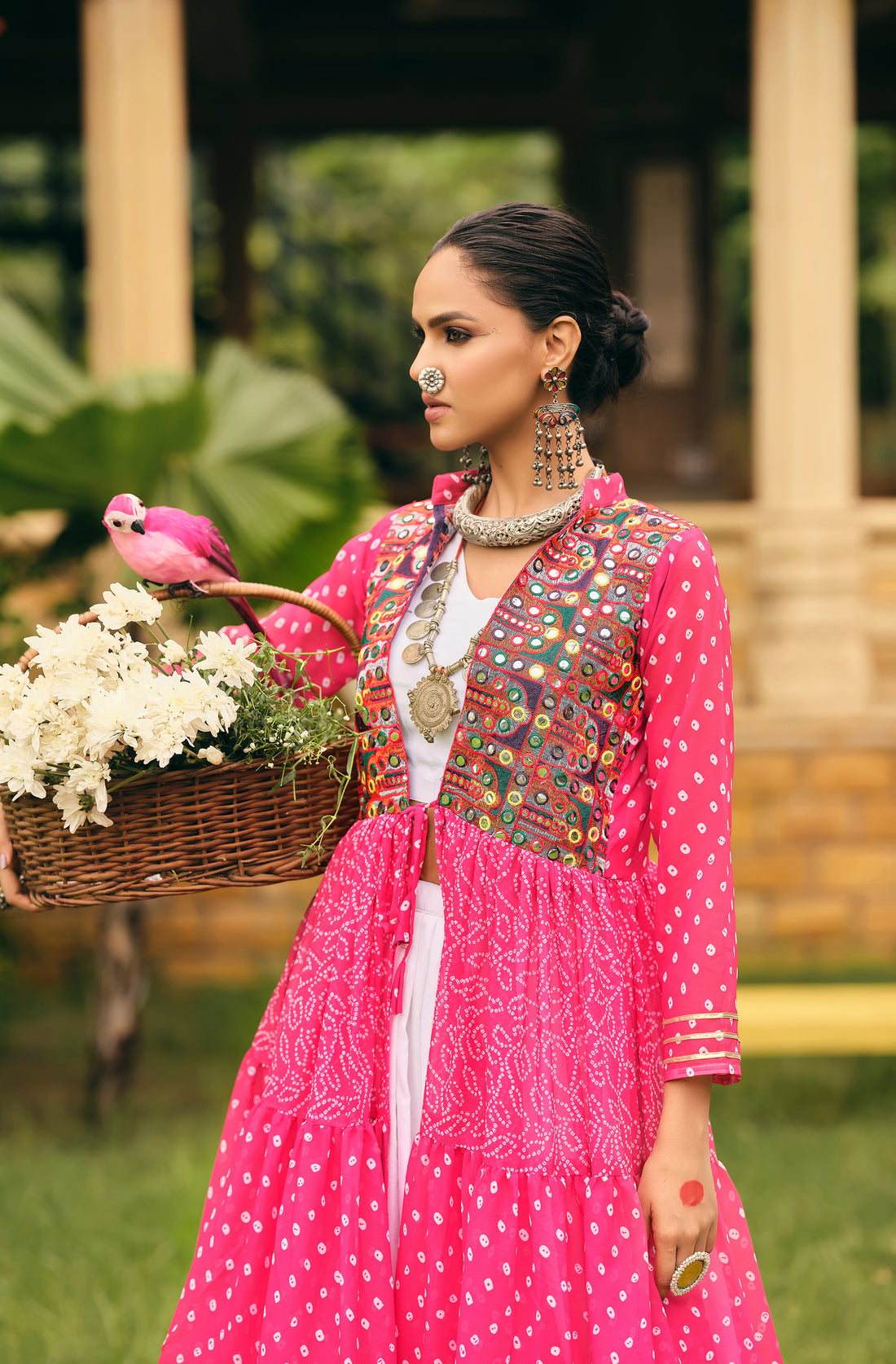 Women's Ethnic Pink Bandhani Anarkali with Embroidered Mirror Work Jacket & White Lehenga