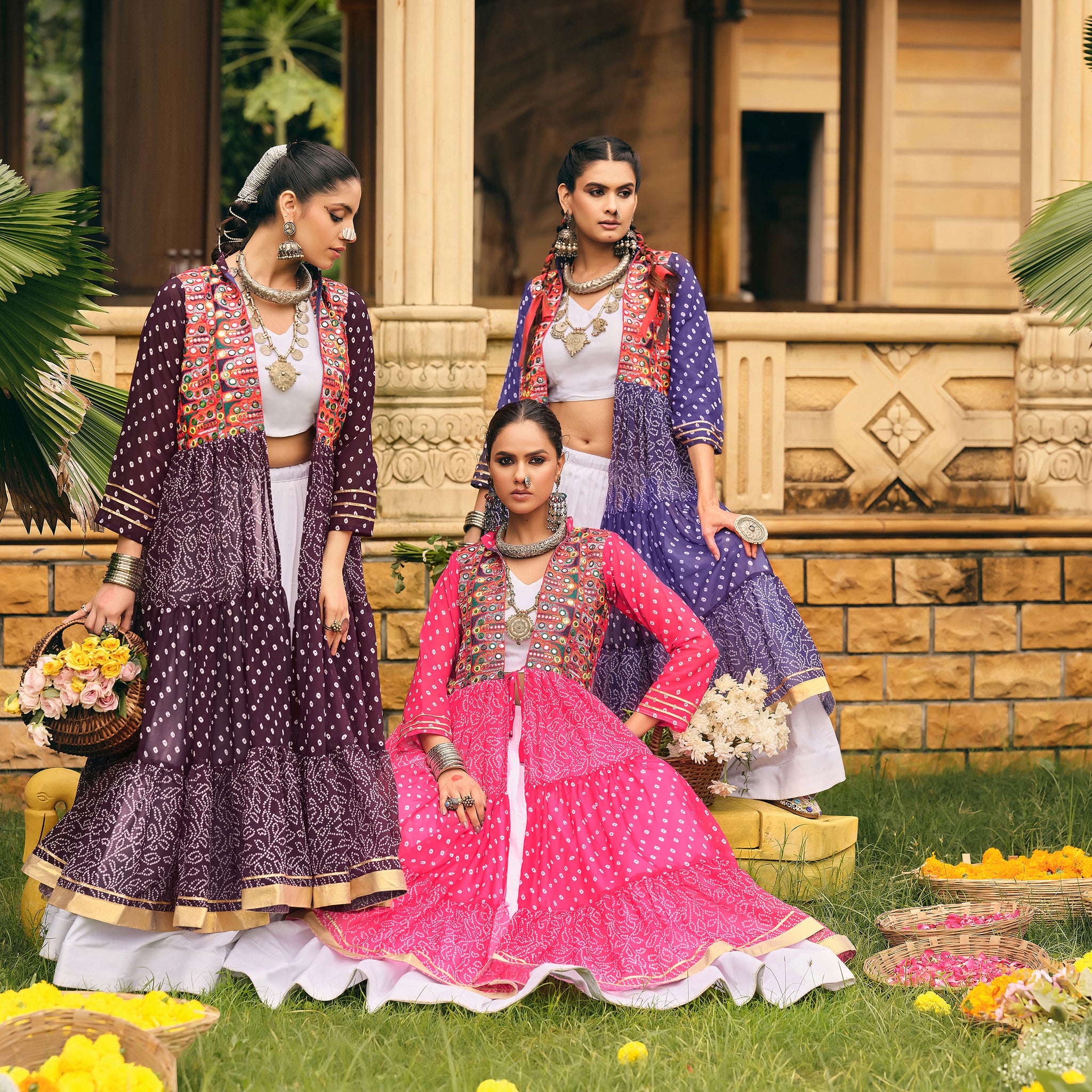 Women's Ethnic Bandhani Anarkali with Embroidered Mirror Work Jacket & White Lehenga