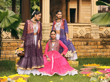 Women's Ethnic Bandhani Anarkali with Embroidered Mirror Work Jacket & White Lehenga