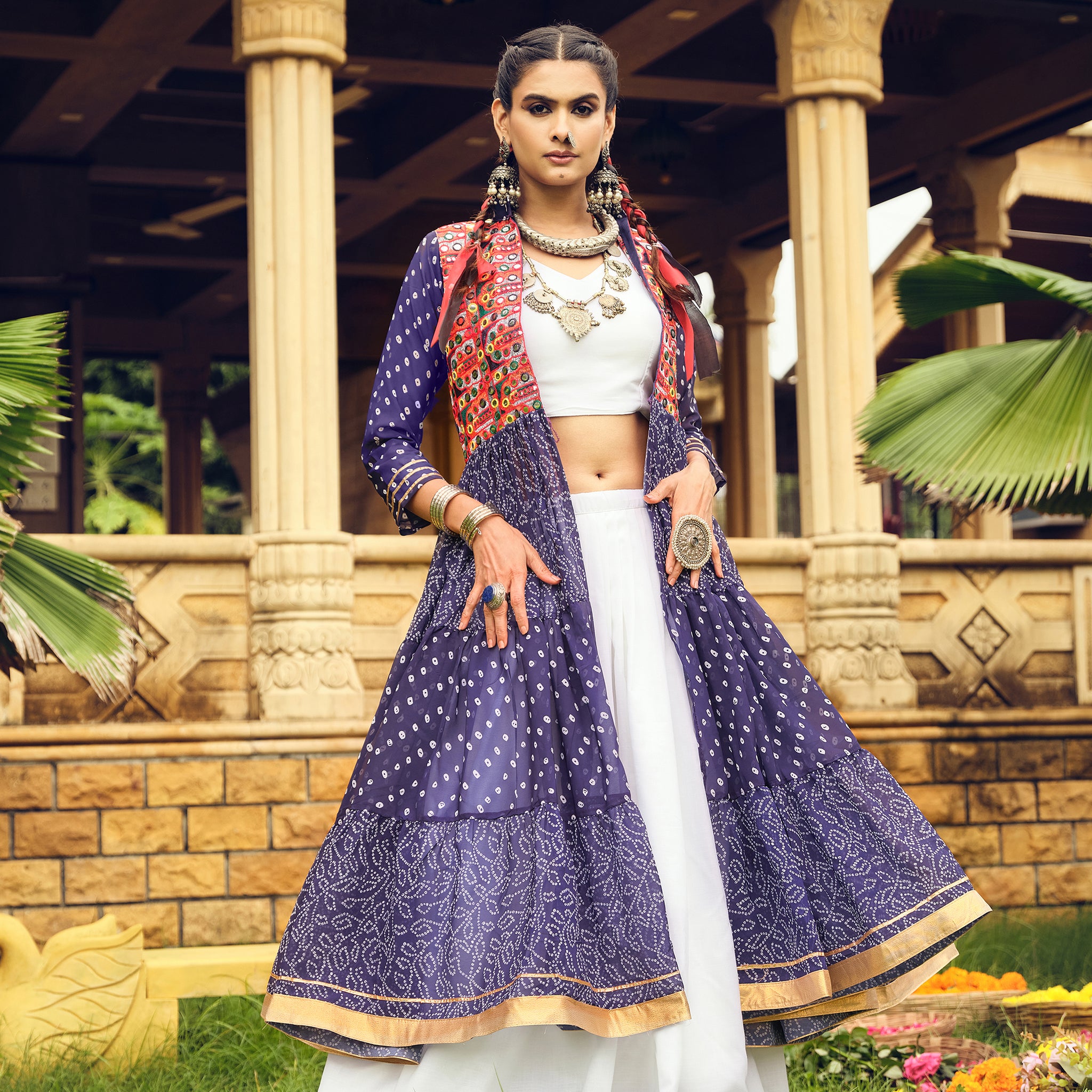 Women's Ethnic Blue Bandhani Anarkali with Embroidered Mirror Work Jacket & White Lehenga