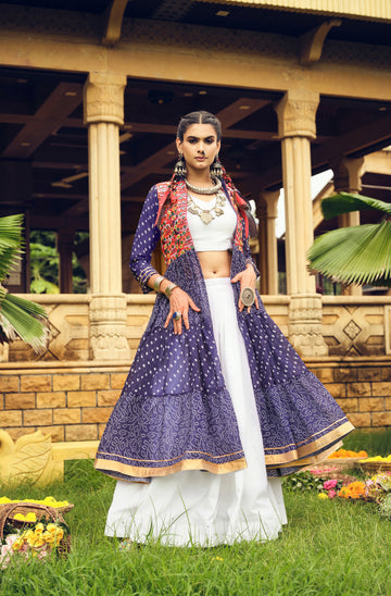 Women's Ethnic Blue Bandhani Anarkali with Embroidered Mirror Work Jacket & White Lehenga