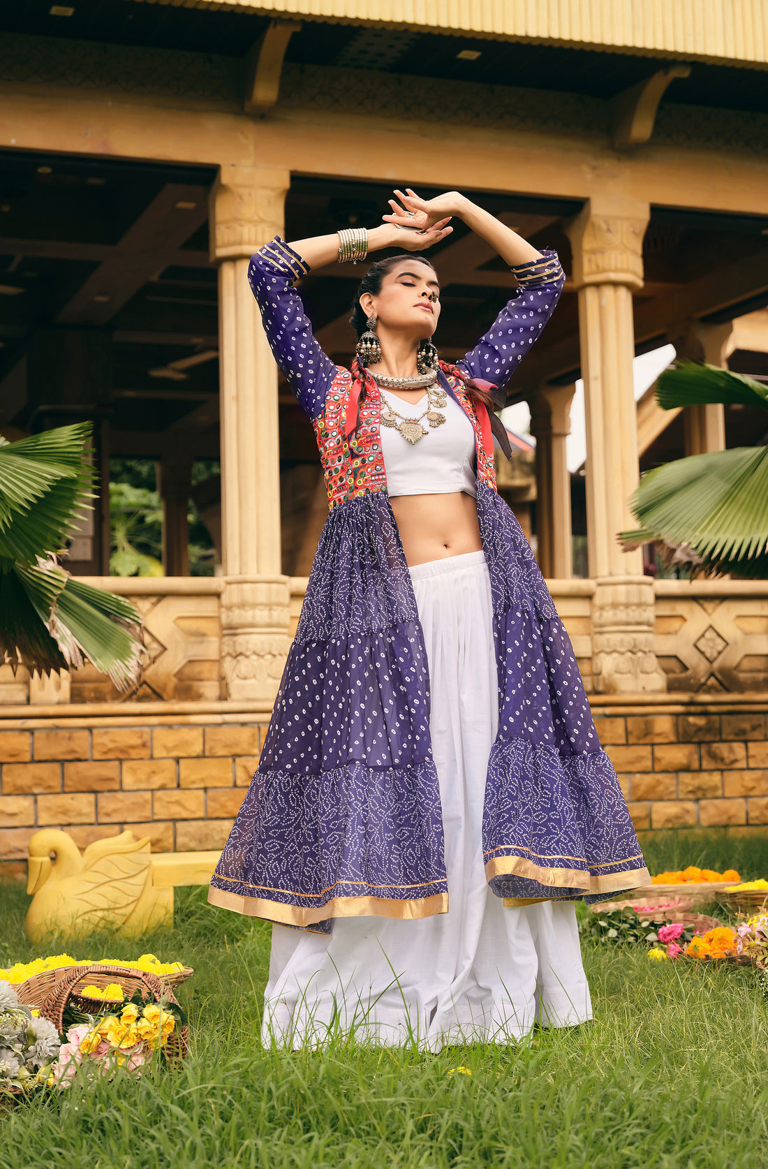 Women's Ethnic Blue Bandhani Anarkali with Embroidered Mirror Work Jacket & White Lehenga