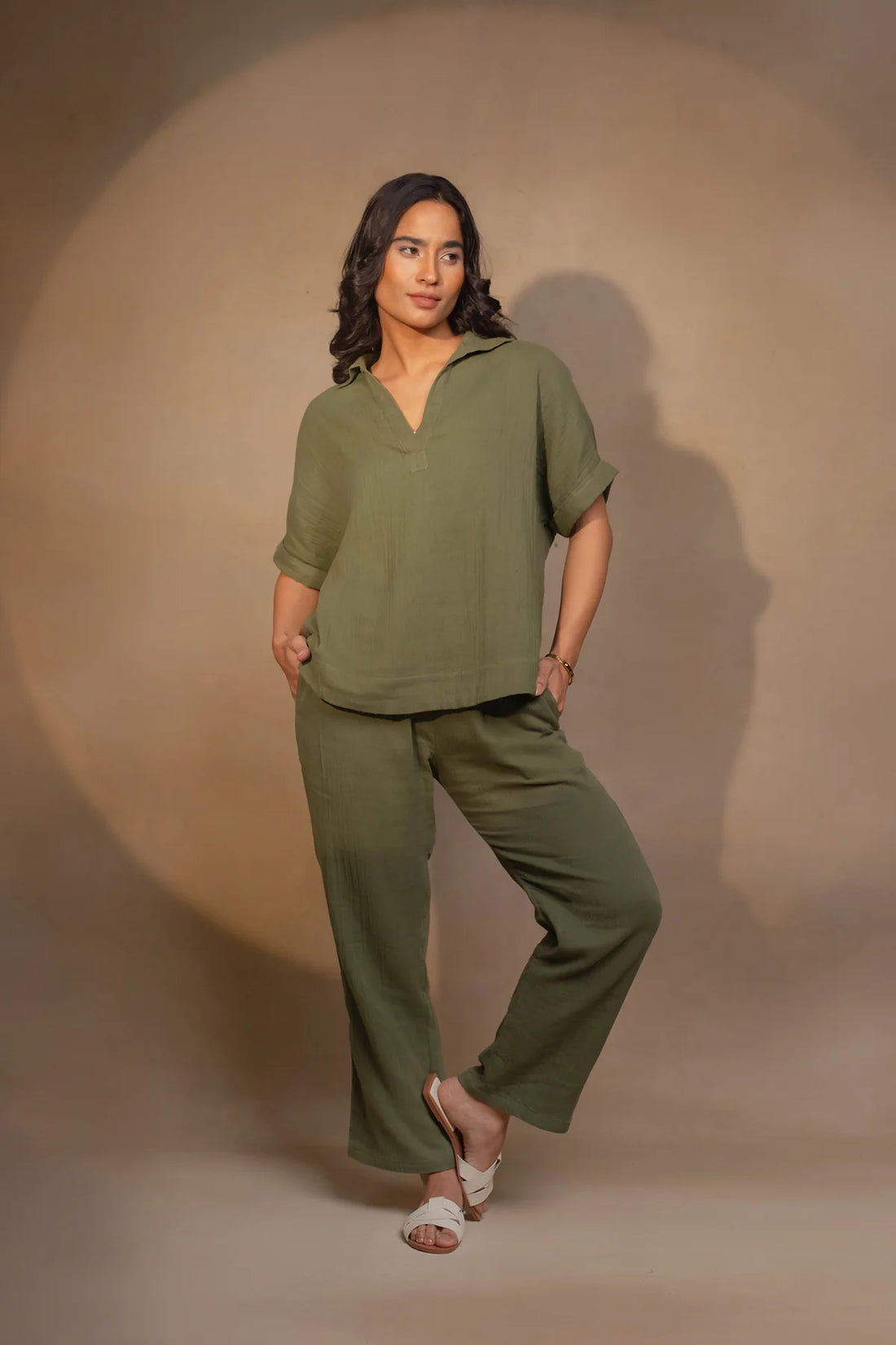 Women's Olive Green Cotton Co-ord Set | Relaxed Fit Shirt & Straight Pants