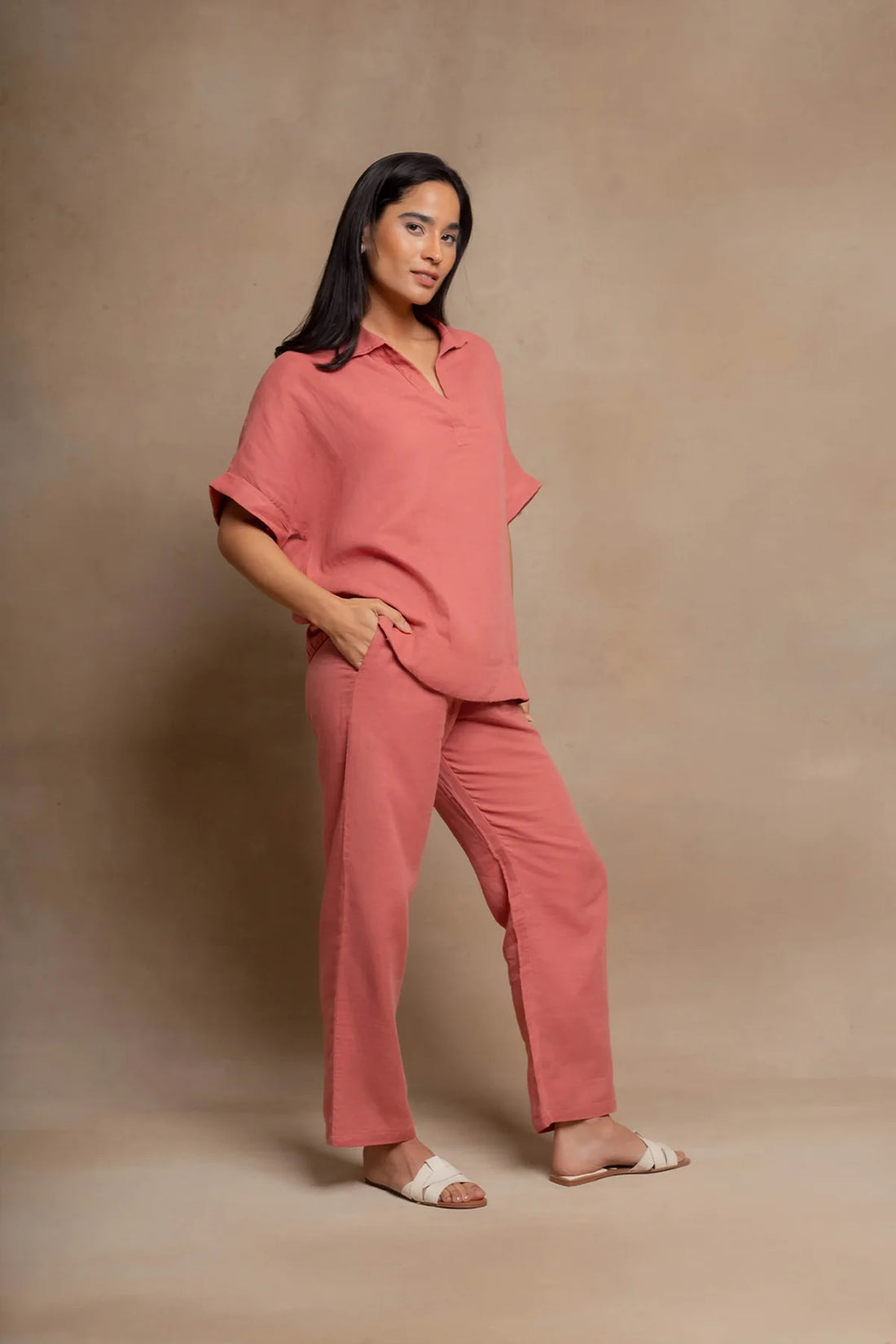 Women's Peach Cotton Co-ord Set | Relaxed Fit Shirt & Straight Pants