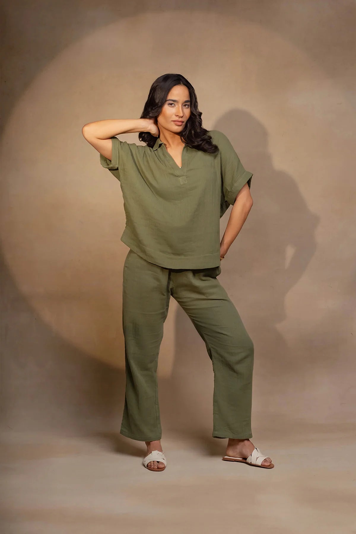 Women's Olive Green Cotton Co-ord Set | Relaxed Fit Shirt & Straight Pants