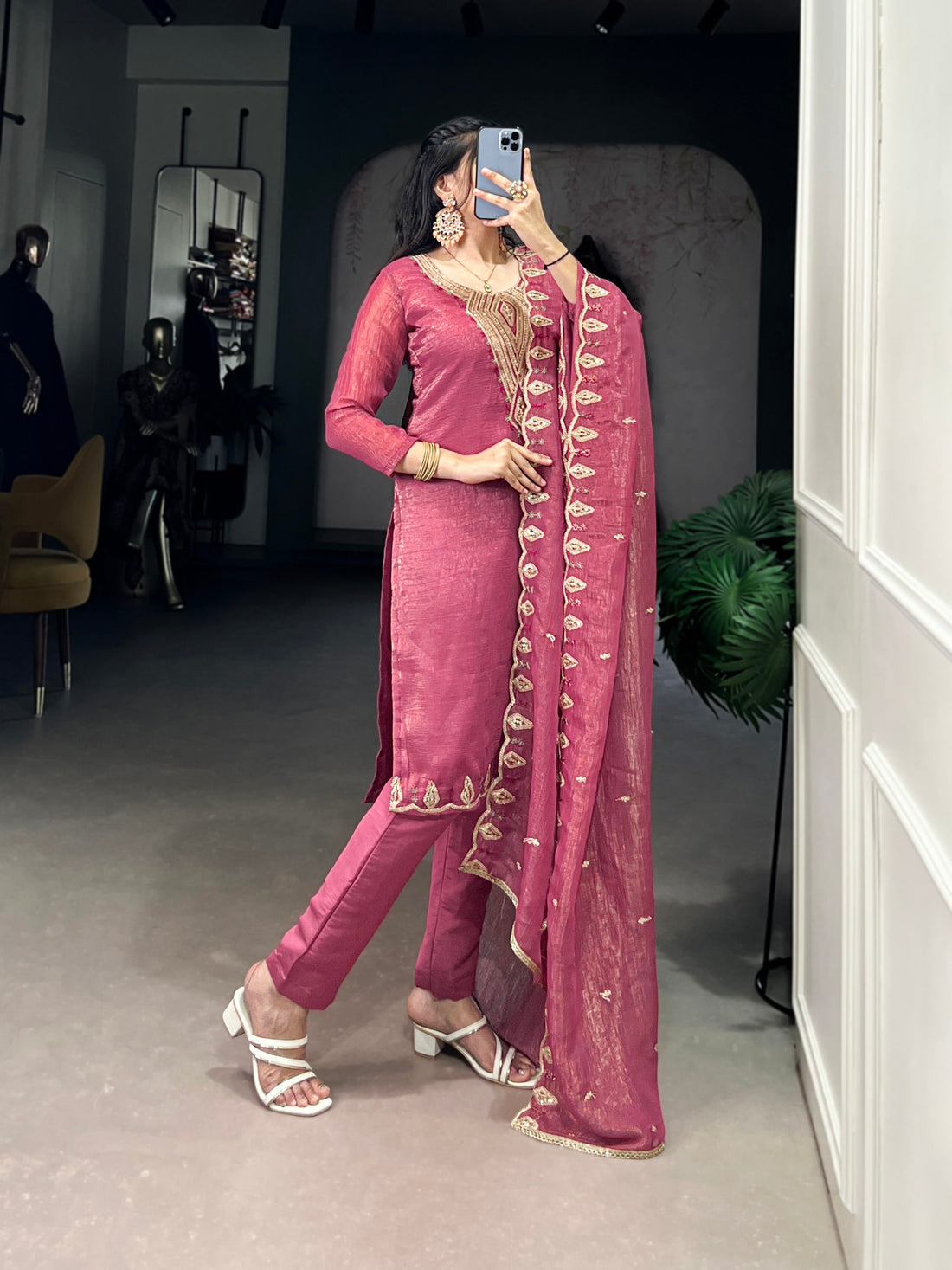 Elegant Rani Pink Chanderi Kurta Pant Set with Embroidered Dupatta – Festive & Party Wear for Women